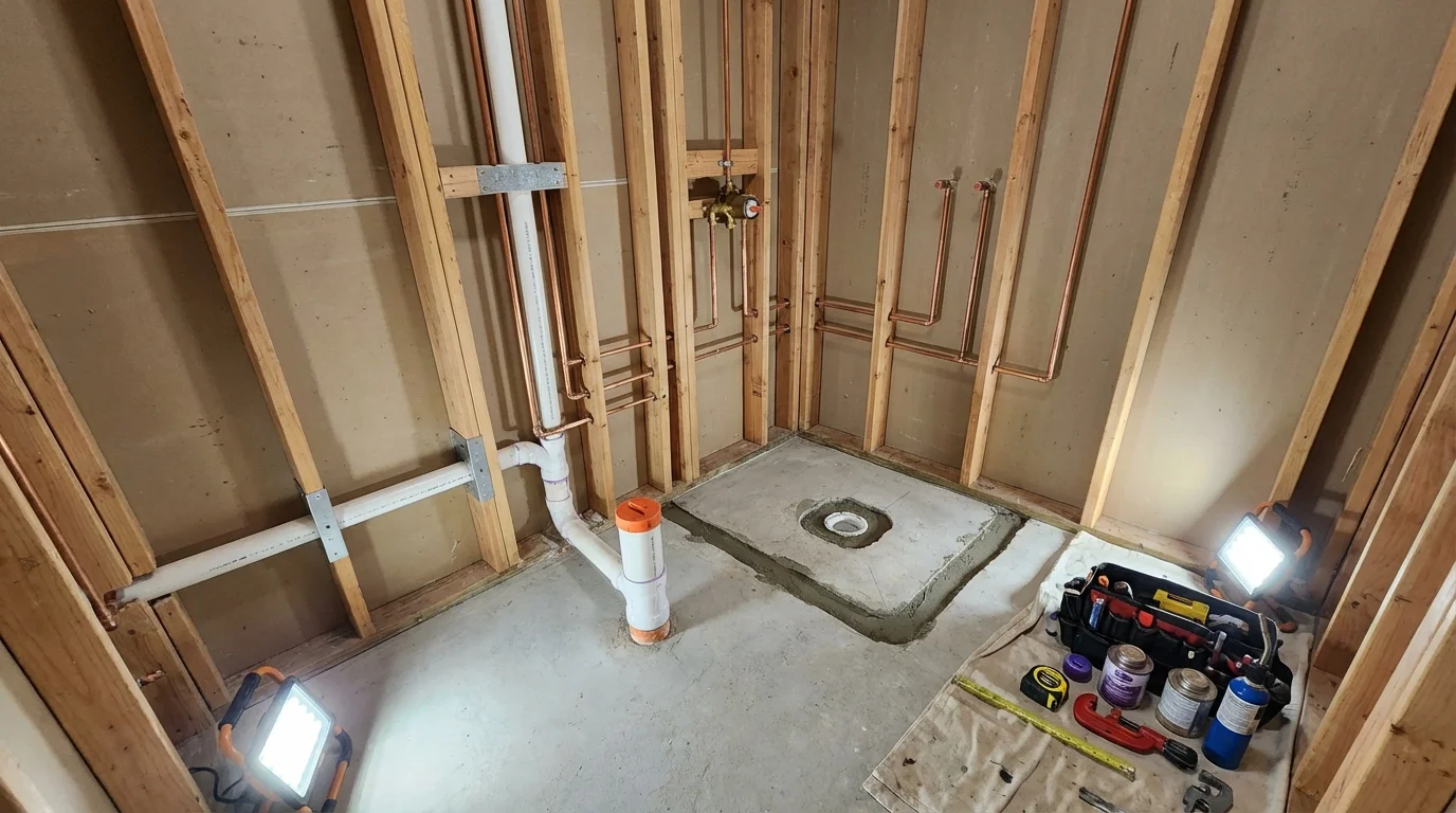 Bathroom rough-in plumbing during remodel by Johns Plumbing LLC in Willoughby