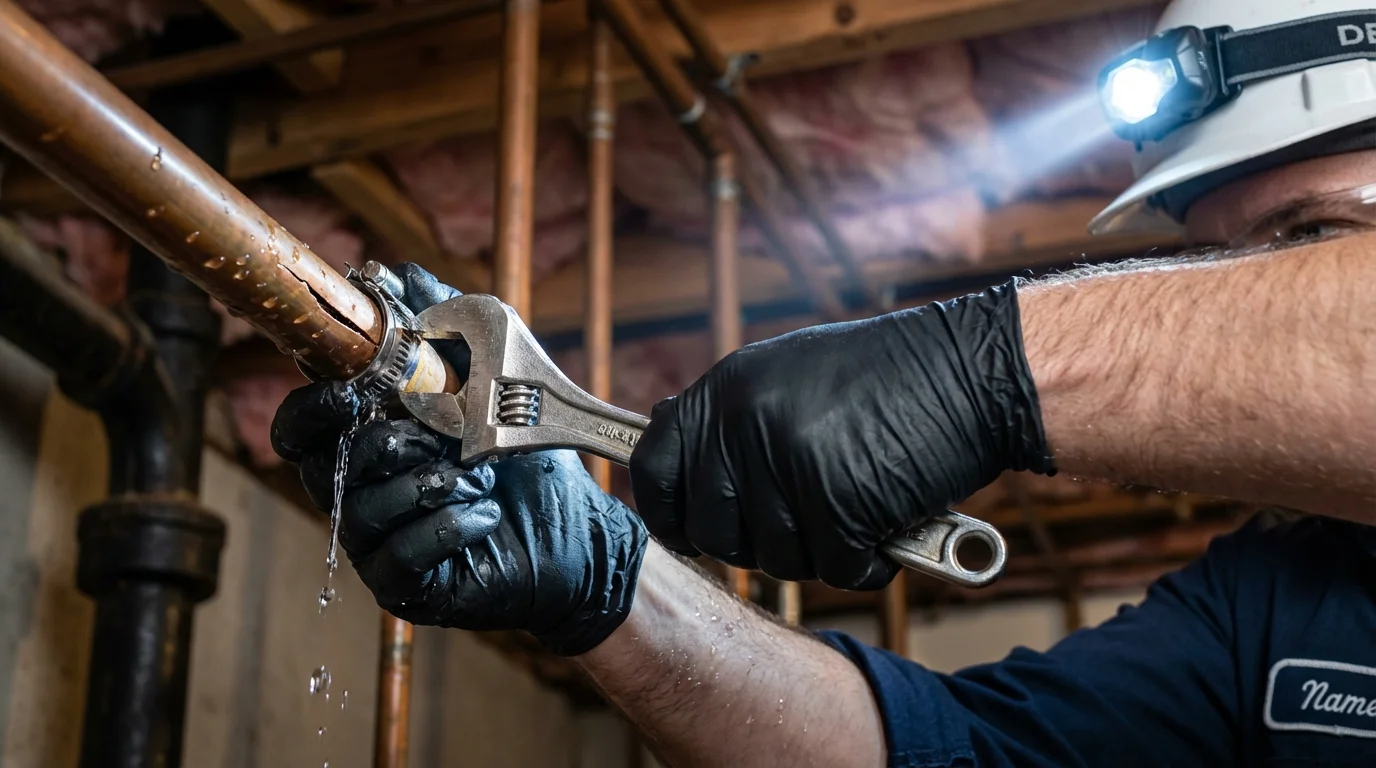 Emergency pipe clamp repair being performed by a Johns Plumbing LLC plumber in Willoughby