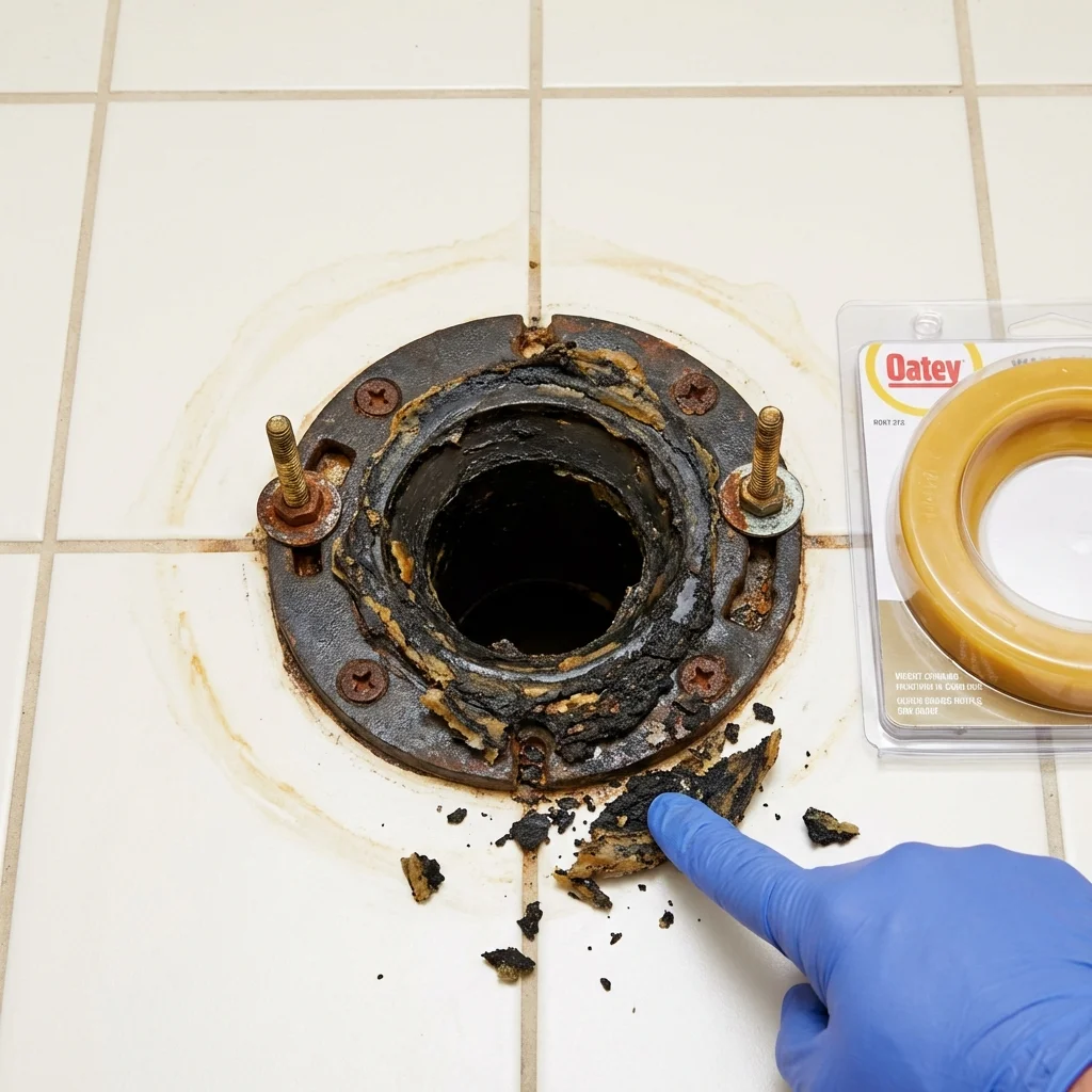 Failed wax ring showing water seepage at the base of a toilet in a Willoughby, OH home