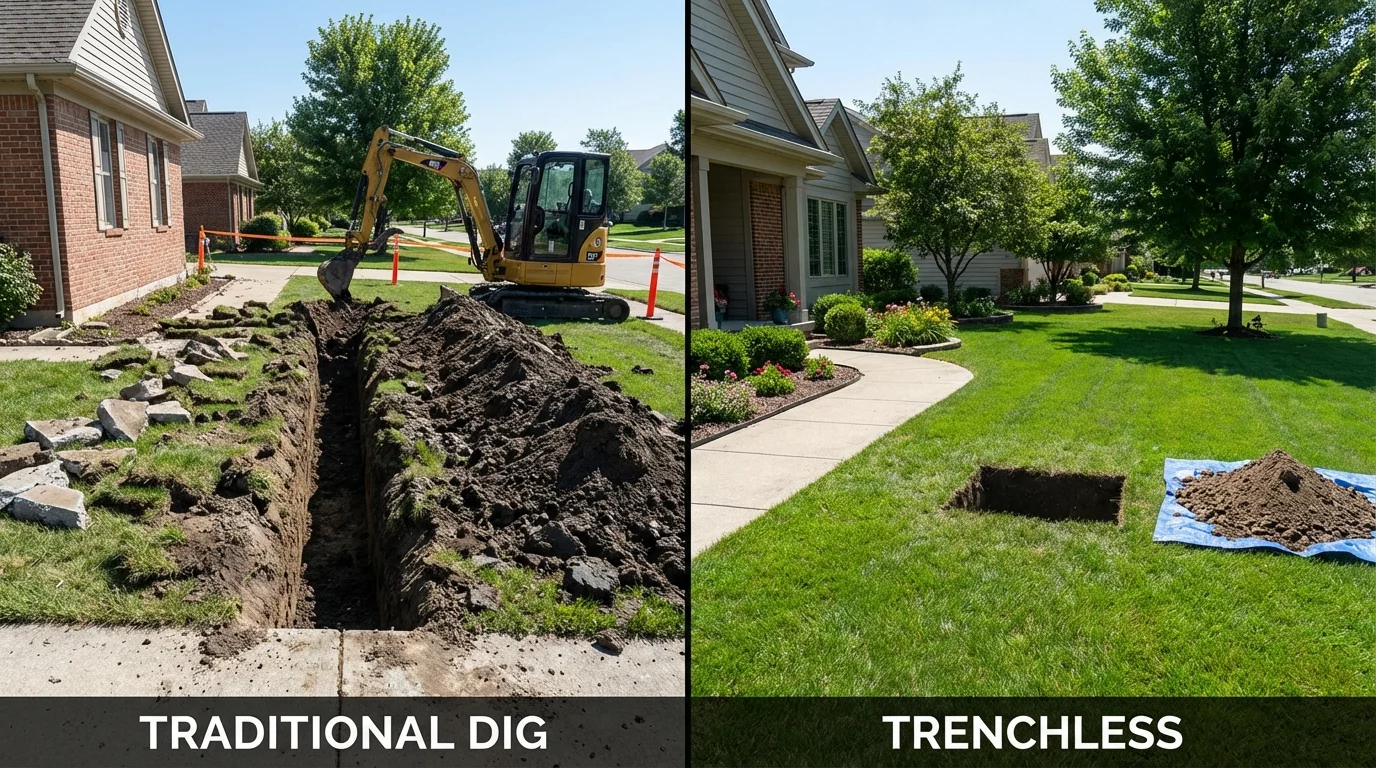 Trenchless sewer repair with minimal yard damage versus traditional excavation in Willoughby, OH