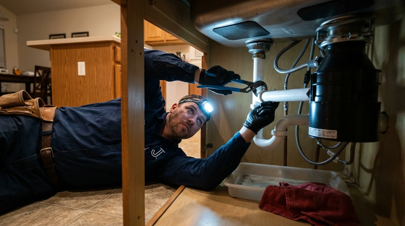 P-trap and supply line connections under a kitchen sink showing a common leak point in Willoughby, OH